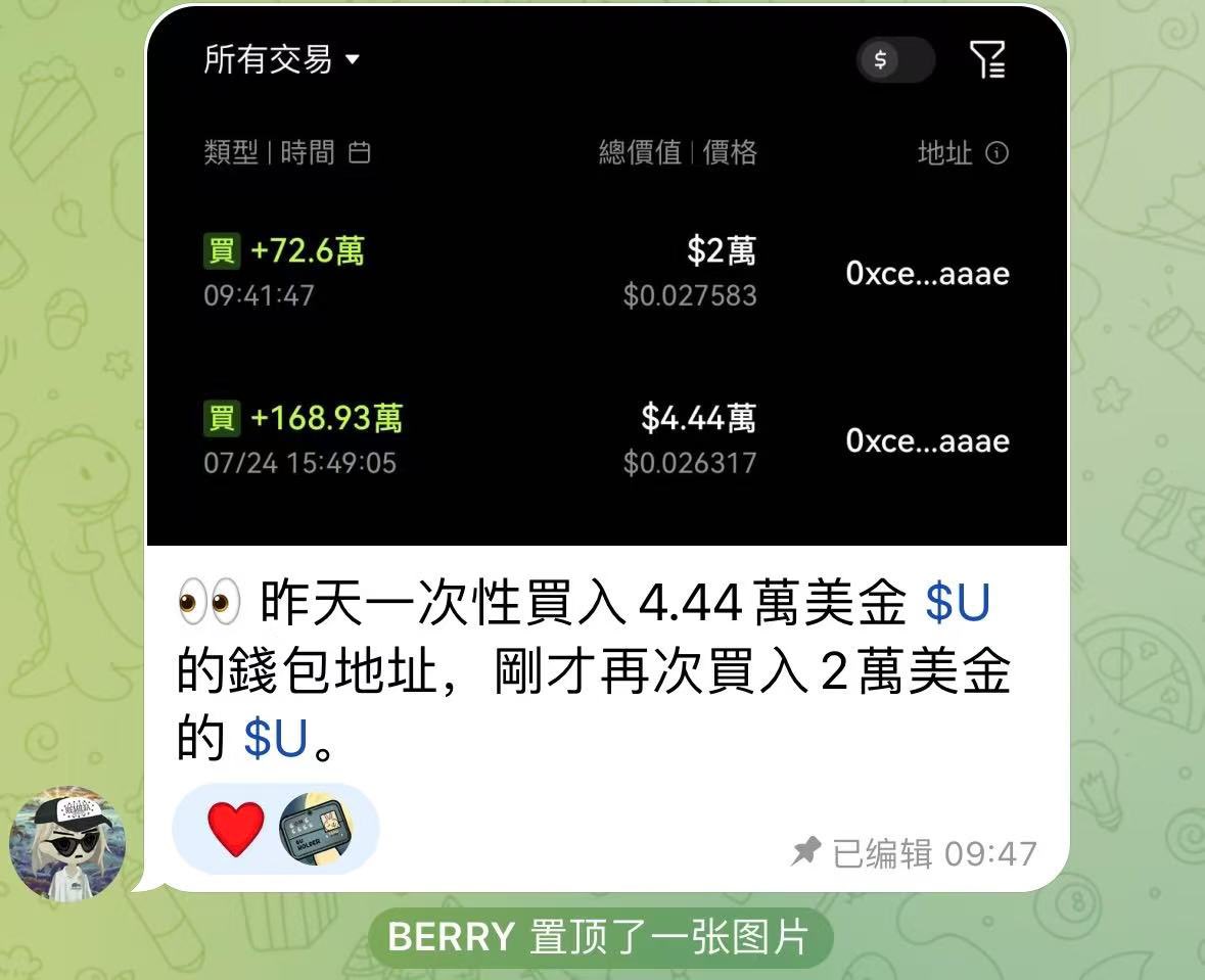 币安系的moonshot wellowealth @wellowealth 在昨天晚上上线了$U  这个信号很重要一买就买几万U的巨鲸在三千万市值附近一直大手笔加仓