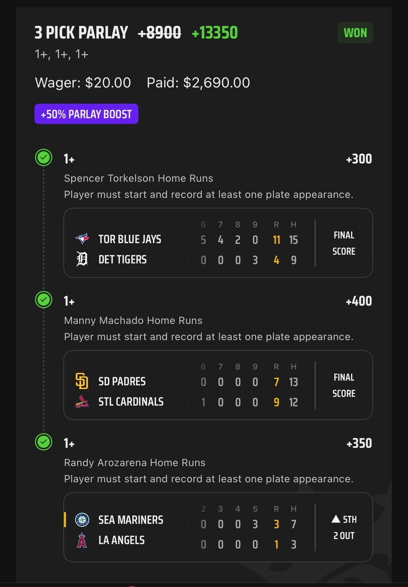 PicksHunch0's tweet image. CASH the teams first HR slip! Shoutout @SmartPlaysDaily! We had to tail this tonight 💰 🍀