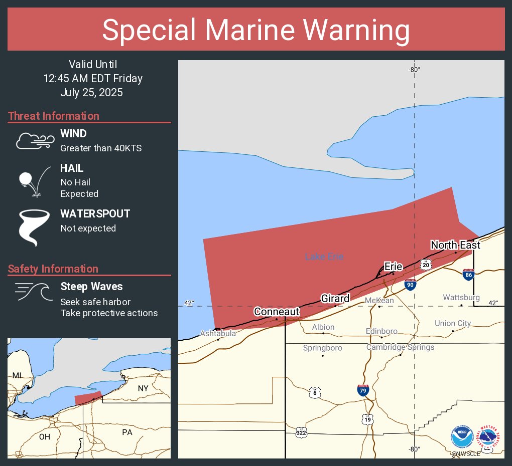 NWSCLE's tweet image. Special Marine Warning including the Conneaut OH to Ripley NY beyond 5 nm off shoreline to US-Canadian border, Geneva-on-the-Lake to Conneaut OH beyond 5 nm off shoreline to US-Canadian border, Conneaut OH to Ripley NY and Geneva-on-the-Lake to Conneaut OH until 12:45 AM EDT