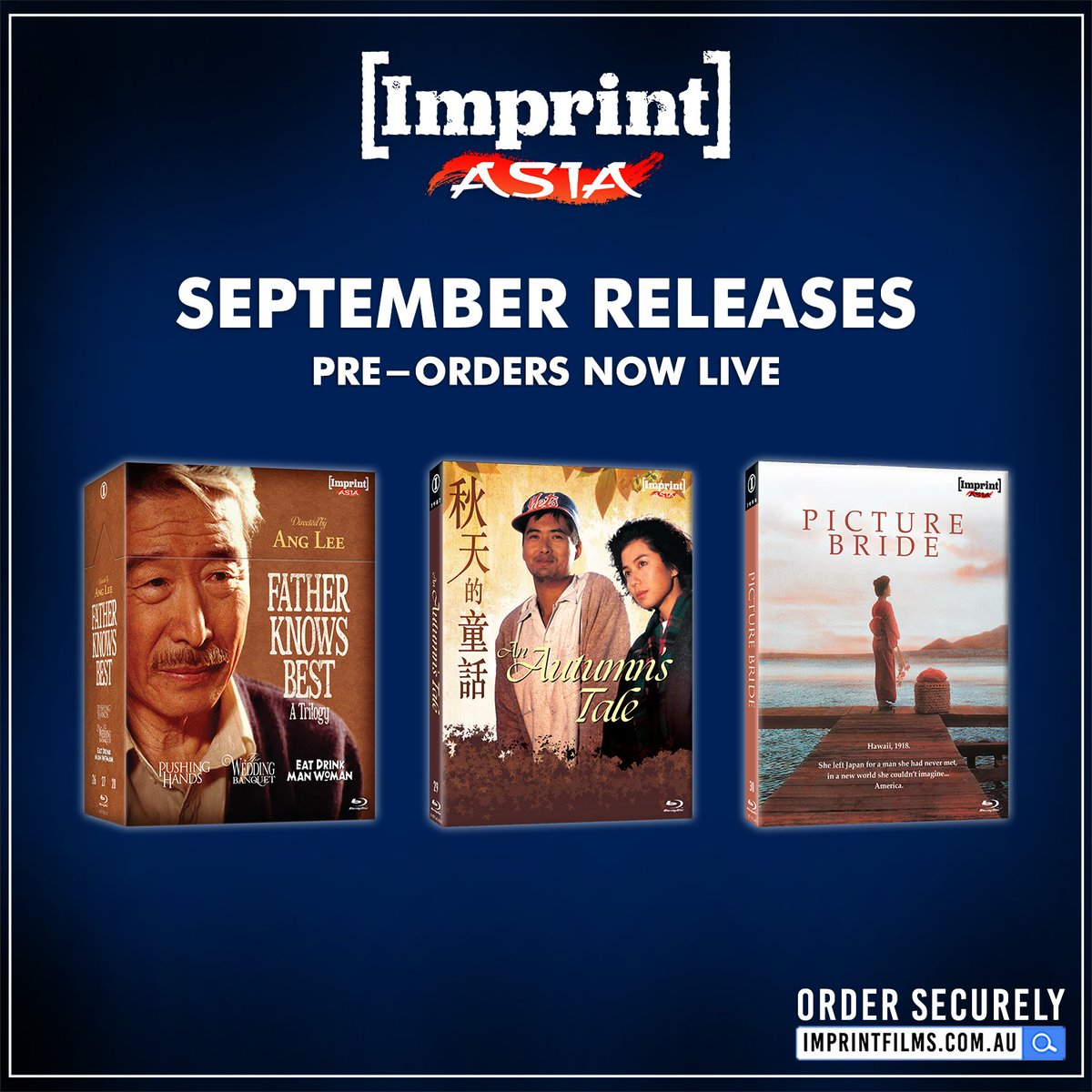 imprint_films's tweet image. Presenting our Imprint Asia releases for September! 💫
Academy Award-winning director Ang Lee joins the Imprint Asia collection with his FATHER KNOWS BEST trilogy, his first three features released between 1991 and 1994.
We're also adding AN AUTUMN'S TALE (1987), the romantic…