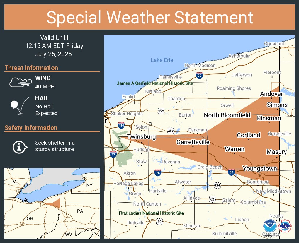 NWSCLE's tweet image. A special weather statement has been issued for Youngstown OH, Warren OH and Austintown OH until 12:15 AM EDT