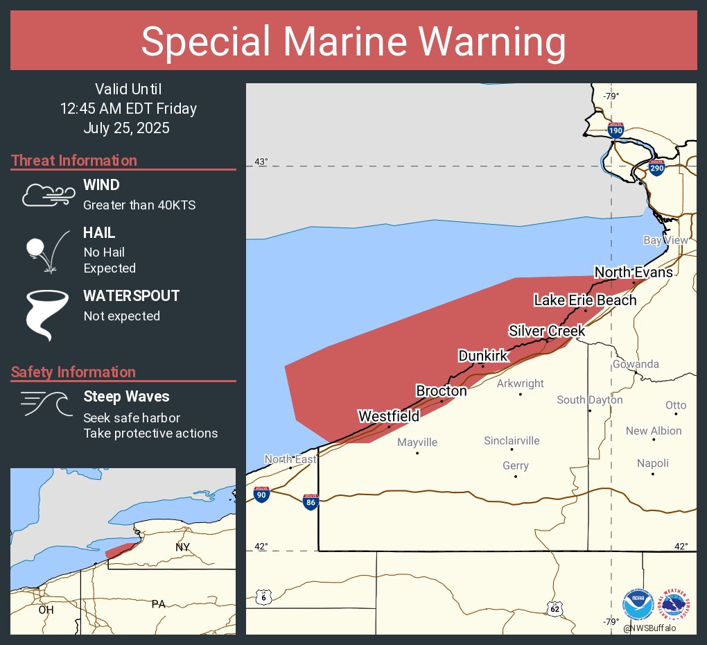 NWSBUFFALO's tweet image. Special Marine Warning including the Ripley to Buffalo NY extending from 5NM off shoreline to US-Canadian border, Dunkirk to Buffalo NY and Ripley to Dunkirk NY until 12:45 AM EDT