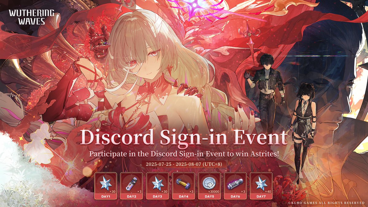 Wuthering_Waves's tweet image. Dear Rovers,
The Wuthering Waves V2.5 Discord Sign-In Event is live today!
Join our official Discord server and link your Discord account to earn Astrites by participating in the sign-in event.
Check the link below to join Wuthering Waves' official Discord server, and remember…