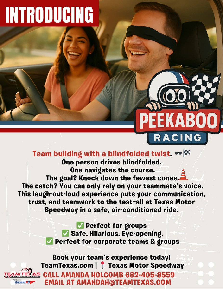 TeamTXDrivin's tweet image. ANNOUNCEMENT!!! 🚨NEW EVENT with TEAM TEXAS!!! 🚨
📣New team building experience just dropped 🚨
👉One person’s driving blindfolded. 😎
🗣The other’s shouting directions.
It’s chaos. It’s hilarious. 😆
🔥 Introducing Peek-a-boo Racing at Texas Motor Speedway.
DM to book