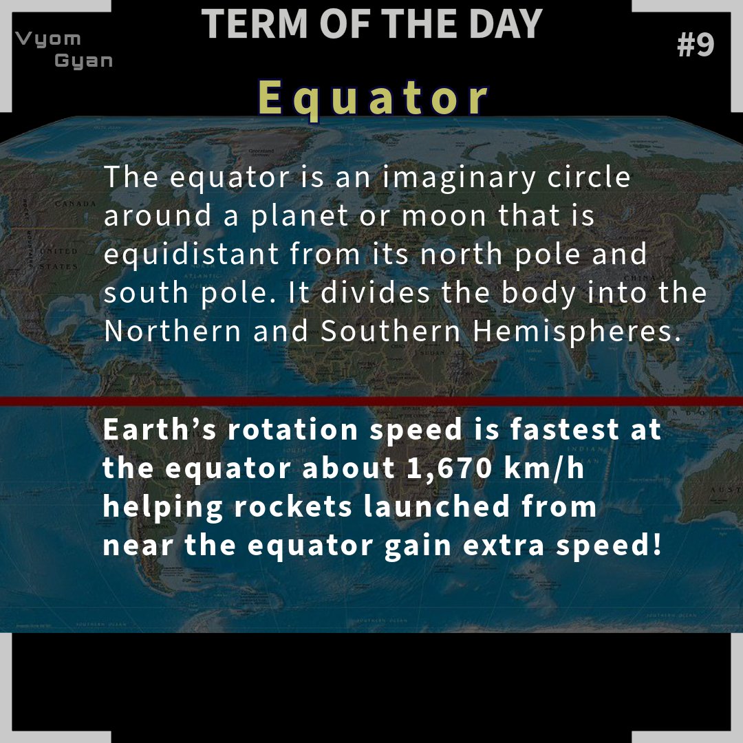 vyomgyan's tweet image. Term of the day #9 : Equator
Definition:
The equator is an imaginary circle around a planet or moon that is equidistant from its north pole and south pole. It divides the body into the Northern and Southern Hemispheres.
Example:
The Earth’s equator runs through countries like…