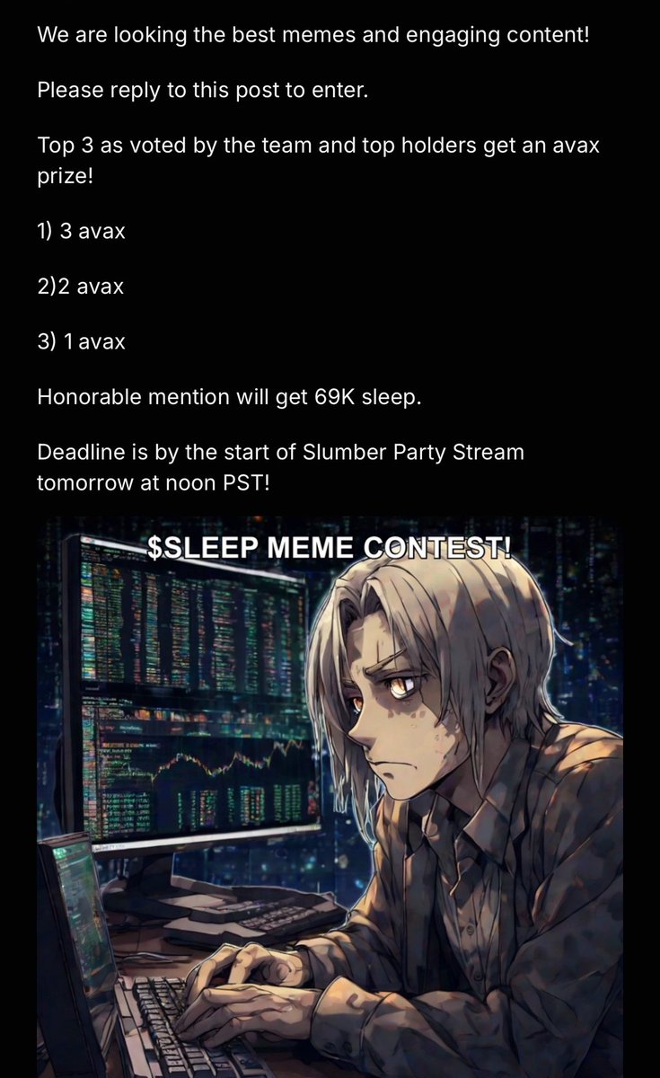 rhynelf's tweet image. Calling all memers!!!
Now’s your chance to show the world just how good your memes are.
Enter the $SLEEP token meme contest to take a shot at getting some $AVAX in @TheArenaApp
Follow link for details arena.social/sleeptokenx/st…
@sleeptokenx
#meme #Contest