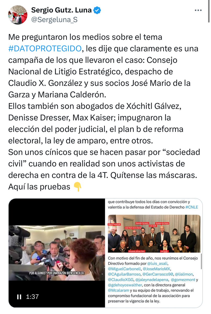 🔹 <a href="/Sergeluna_S/">Sergio Gutz. Luna</a>: cuando utilizas tu cargo para manipular tribunales, colocar a tu pareja y silenciar a <a href="/KarlaMaEstrella/">Karla Estrella</a>, no es la sociedad civil la que pierde dignidad: la pierden ustedes.

Quienes integramos el <a href="/Consejo_Litigio/">Consejo Nacional de Litigio Estratégico</a> hemos litigado derechos humanos con