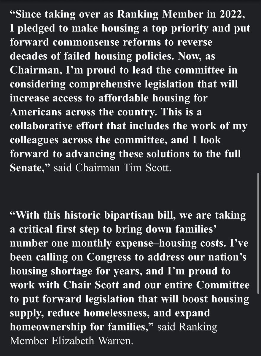 Late breaking news: Sen. Tim Scott (R-S.C.) and Elizabeth Warren (D-Mass) have released a massive bipartisan housing bill ahead of a markup expected next week.  

Read the 315-page bill here: punchbowl.news/wp-content/upl…