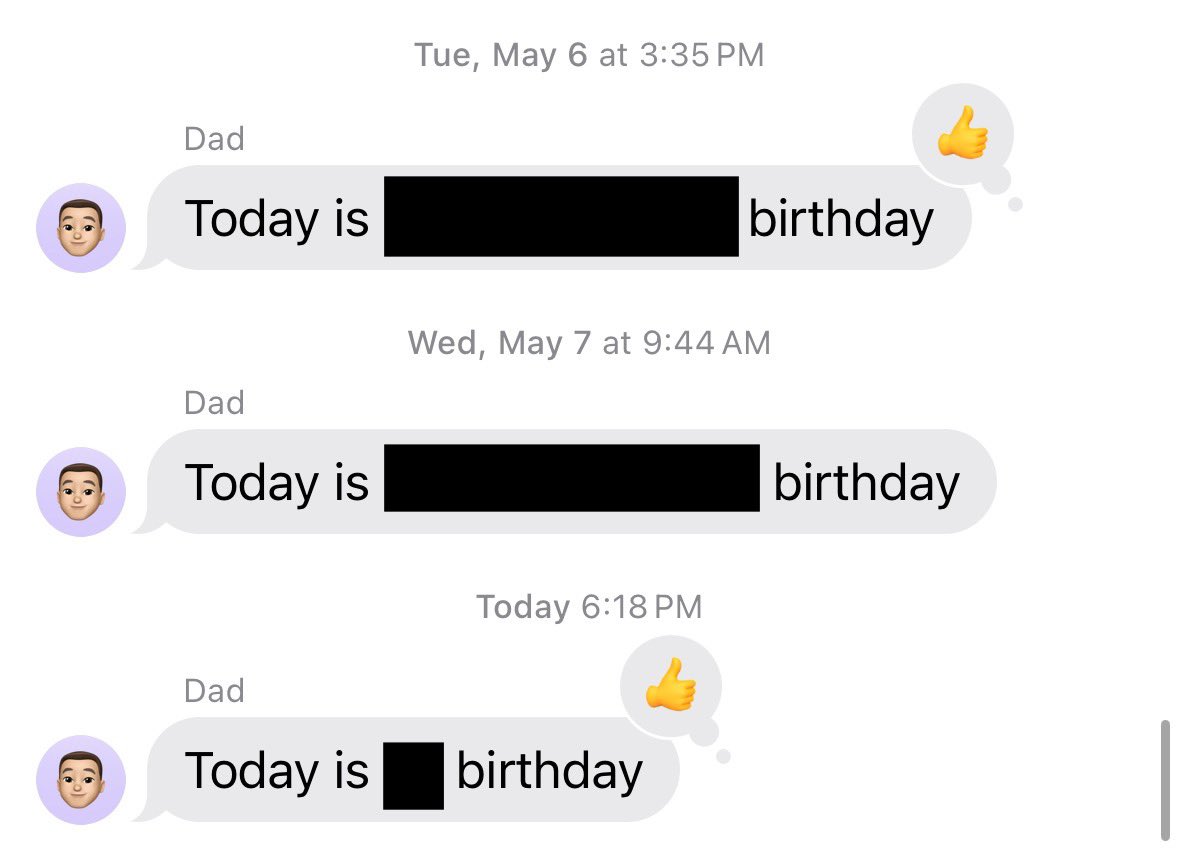 yuris's tweet image. My dad has a group text purely to remind us of peoples birthdays
