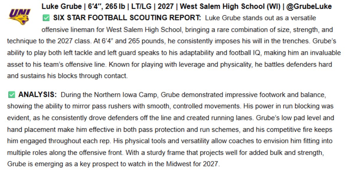 Luke Grube (@grubeluke) on Twitter photo Thank you <a href="/sixstarfootball/">Six Star Football | PLUS+</a> for the write up and evaluation of my skills at the <a href="/UNIFootball/">UNI Football</a> camp I recently attended
<a href="/WestSalemFB/">West Salem Football</a>
<a href="/PrepRedzoneWI/">Prep Redzone Wisconsin</a>
<a href="/MJ_NFLDraft/">Mark Johnson</a> Thank you <a href="/sixstarfootball/">Six Star Football | PLUS+</a> for the write up and evaluation of my skills at the <a href="/UNIFootball/">UNI Football</a> camp I recently attended
<a href="/WestSalemFB/">West Salem Football</a>
<a href="/PrepRedzoneWI/">Prep Redzone Wisconsin</a>
<a href="/MJ_NFLDraft/">Mark Johnson</a>