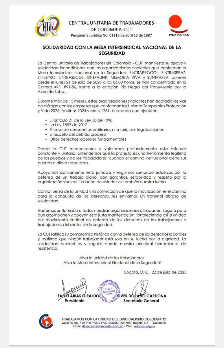 La CUT emite, Acto de Solidaridad con Sindicatos de la Mesa Intersindical Nacional de la Seguridad, que realizan Jornada Protesta contra Violacion Derechos Fundamentales y Laborales cometidos por empresas que hacen parte de Uniones Temporales Protección y Vida 2026 y Andinos.