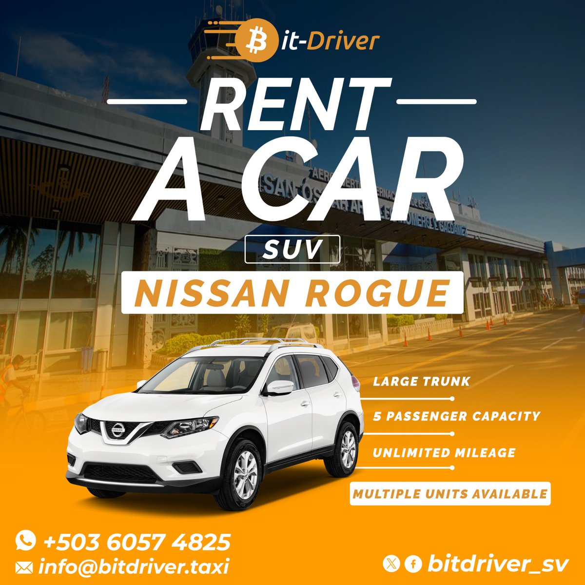 bitdriver_sv's tweet image. In El Salvador 🇸🇻 we're the friend who's waiting to welcome you 🫂🧡
Remember, you can rent your car with us 🚗💨
Book here:
(+503) 6057-4825
info@bitdriver.taxi
bitdriver.taxi