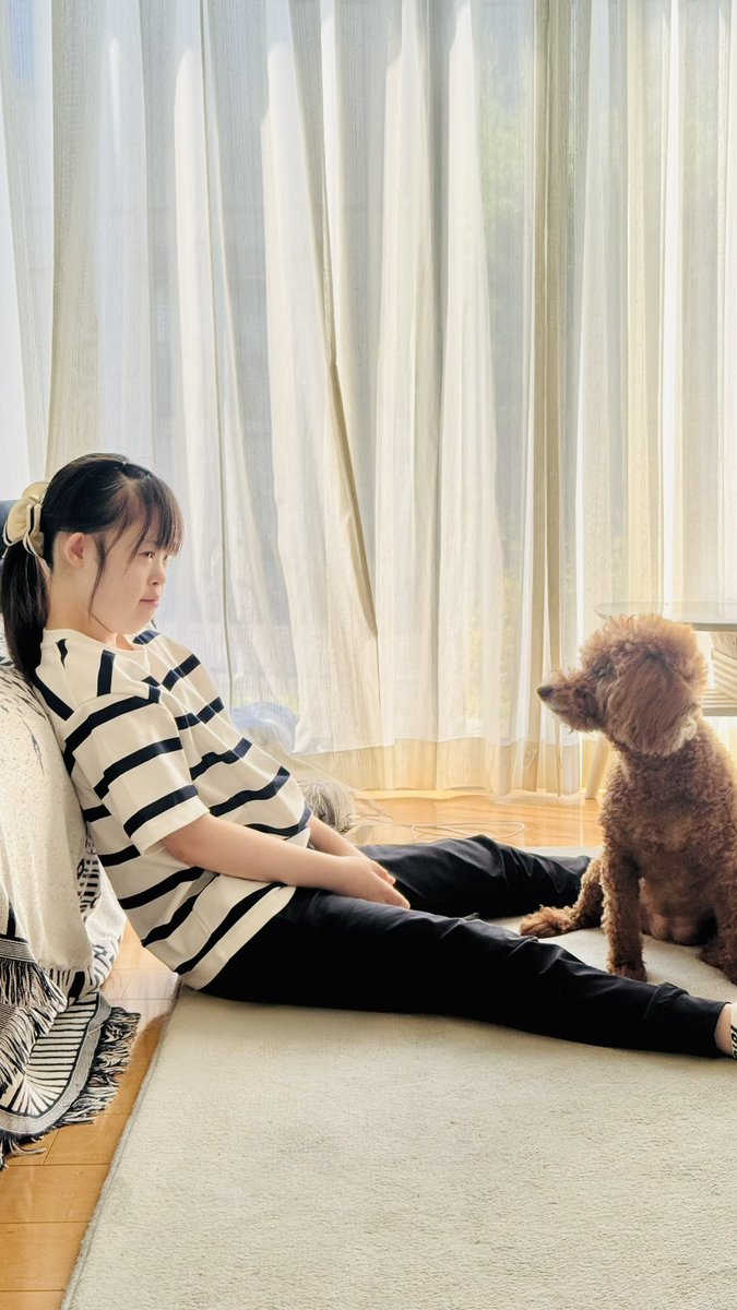 菜桜が仕事に向かう前に必ず菜桜に寄り添うココム♀、そして吠える🐶
行ってらっしゃいと言いたいのか？
行かないでー！と言いたいのか？

視力もだいぶ落ちて老犬になりほとんど寝てる、まだまだこの光景を見て行きたいなぁ。

#ダウン症   #トイプードル