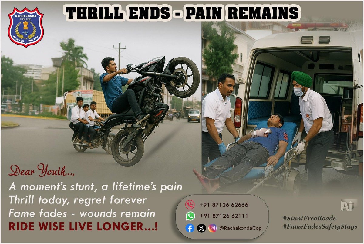 #TodaysThemePoster

🛑 THRILL ENDS – PAIN REMAINS 🛑
 
Dear Youth,
A moment of thrill can lead to a lifetime of pain.
Today's stunt could be tomorrow’s regret.
Fame fades-Wounds stay.

Ride Wise-Live Longer.

🚫 #StuntFreeRoads
🛡️ #FameFadesSafetyStays