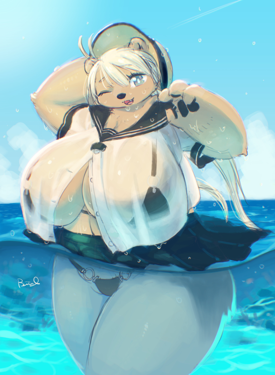 平日の昼下がり、ほんのり日焼けした孤児の白くまちゃんが里親の裕福なおじさんからもらったお高い水着を着用して2人で海で楽しんでいるところ。
涼しそうだね！🌊