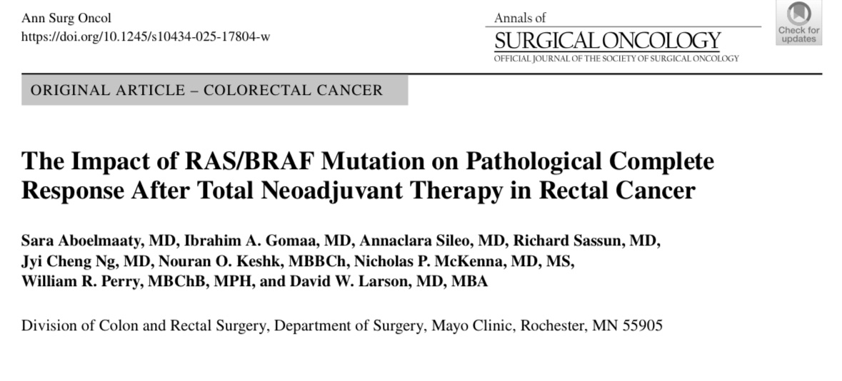 Ibrahim Gomaa, MD (@ibrahim_gomaa95) on Twitter photo 📣📣Excited to share our publication in <a href="/AnnSurgOncol/">Annals of Surgical Oncology</a> on the impact of RAS/BRAF mutations on pCR in rectal cancer in the TNT era.
🟢 Mutations associated with:
⬇️ pCR rates
⬇️ DFS
Grateful to <a href="/DrDavidLarson/">David Larson, MD MBA</a> and all co-authors! <a href="/RichardSassun/">Richard Sassun M.D.</a> <a href="/JyiChengNg/">Jyi Cheng Ng, MD</a> <a href="/MayoClinicSurg/">Mayo Clinic Department of Surgery</a> 📣📣Excited to share our publication in <a href="/AnnSurgOncol/">Annals of Surgical Oncology</a> on the impact of RAS/BRAF mutations on pCR in rectal cancer in the TNT era.
🟢 Mutations associated with:
⬇️ pCR rates
⬇️ DFS
Grateful to <a href="/DrDavidLarson/">David Larson, MD MBA</a> and all co-authors! <a href="/RichardSassun/">Richard Sassun M.D.</a> <a href="/JyiChengNg/">Jyi Cheng Ng, MD</a> <a href="/MayoClinicSurg/">Mayo Clinic Department of Surgery</a>