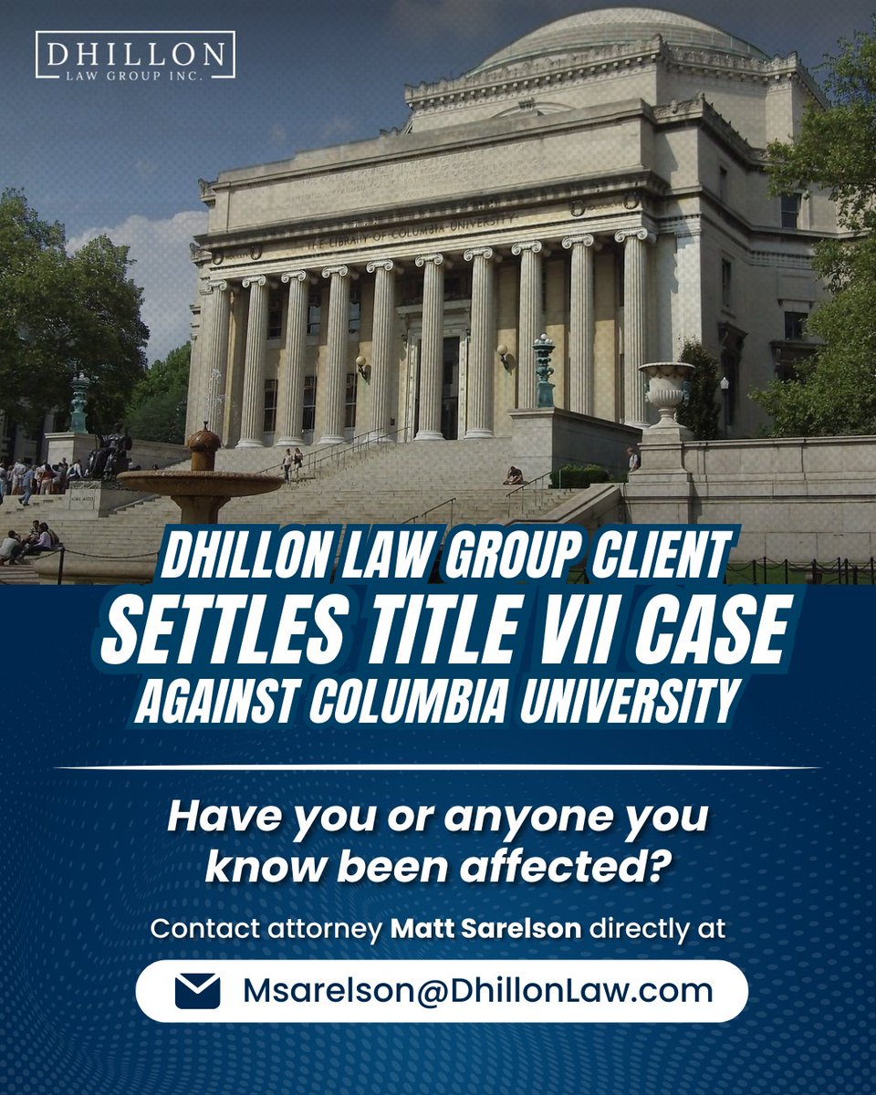 🚨 Major victory against antisemitism: Dhillon Law Group client secures historic EEOC settlement in discrimination case against Columbia University. Columbia agrees to $21M compensation fund as part of broader $221M settlement with Trump administration.

dhillonlaw.com/lawsuits/dhill…