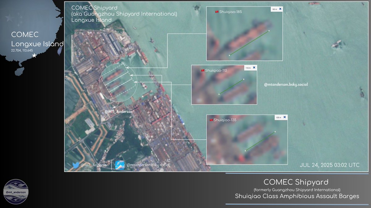 🚨 OSINT ALERT: WHERE ARE THEY?! 🚨
New satellite imagery reveals the second batch of 3 #Shuqiao class amphibious assault barges still fitting out at #COMEC Shipyard, Longxue Island.

But here's the kicker: The FIRST batch of 3 landing barges is still missing. Nowhere to be seen
