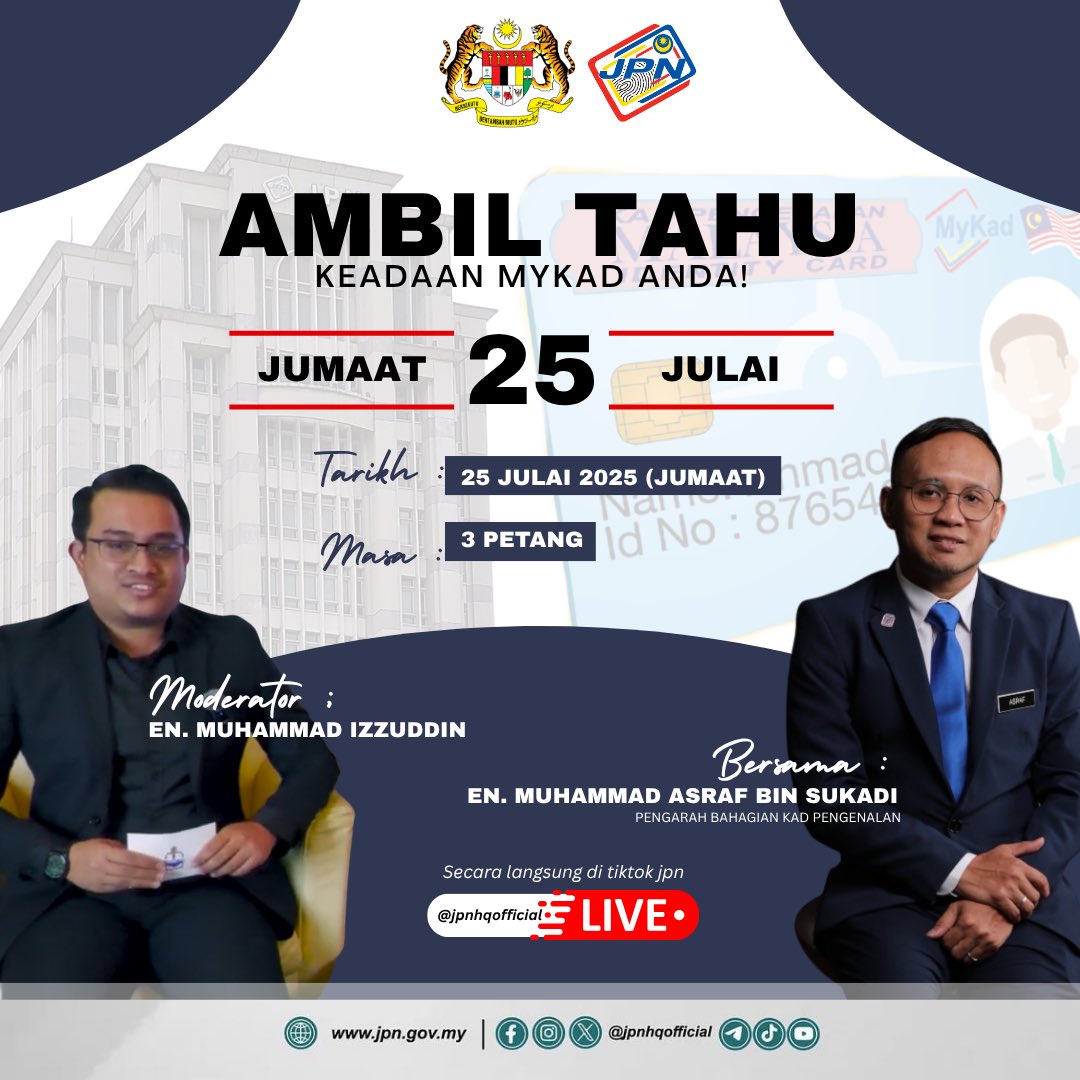 jpnhqofficial's tweet image. #AMBILTAHU KEADAAN MYKAD ANDA!
Adakah MyKad anda masih dalam keadaan baik? Ada cip rosak? Warna pudar? Nama dah tak nampak?
Ketahui kepentingan penjagaan dan cara memohon gantian MyKad anda sekiranya rosak bersama kami dalam sesi LIVE ini.
#RakyatDiHatiJPN
#MalaysiaMADANI