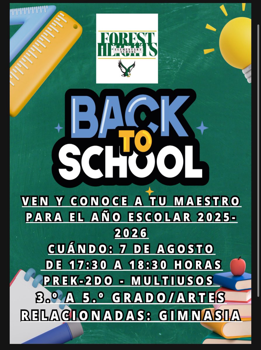 ¡Prepárense, familia Eagle! 🎉 Acompáñenos a la Noche de Conocer al Maestro el 7 de agosto. ¡Será una tarde divertida y emocionante mientras nos preparamos para un nuevo año escolar increíble! Vengan a saludar, conozcan a sus maestros y sientan la emoción en el aire. 🦅✨