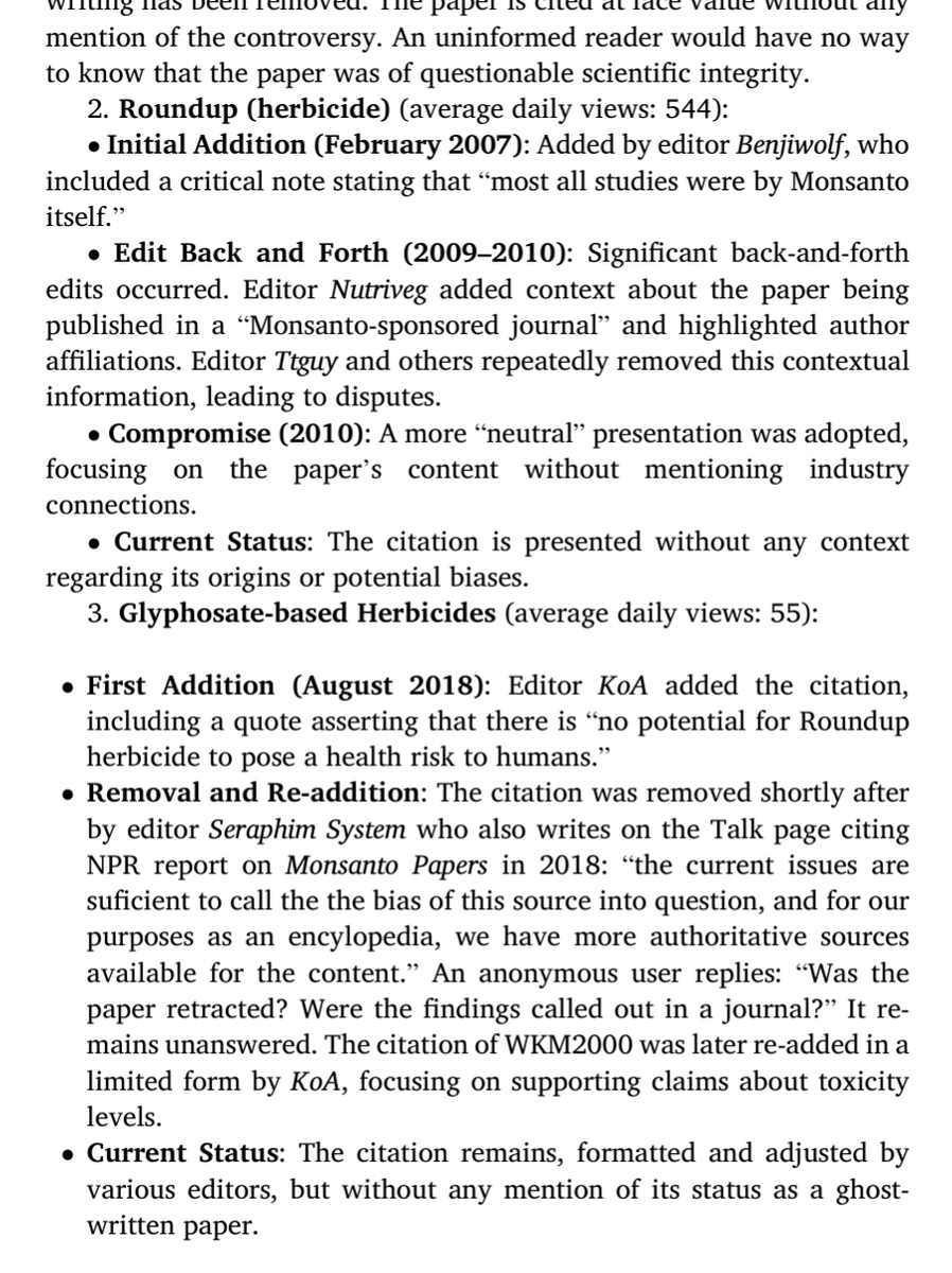 WikiResearch's tweet image. "The afterlife of a ghost-written paper: How corporate authorship shaped two decades of glyphosate safety discourse", including on English Wikipedia
doi.org/10.1016/j.envs…
(editors held Monsanto's authorship didn't render it an inadmissible source as long as it wasn't retracted)