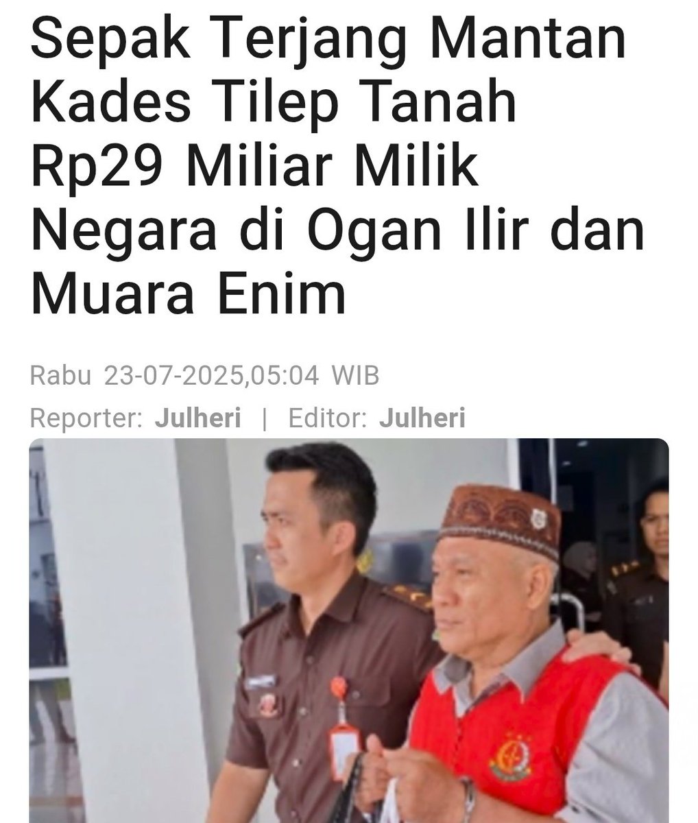 29M mah bukan nilep atuh...🥴
Hutan negara main jual aja dah kaya tuh tanah milik keluarganya😆
Mantan kades Kayuara Batu, Kecamatan Muara Belida Kabupaten Muara Enim. memperjual belikan hutan milik negara di Ogan Ilir dan Muara Enim utk perkebunan kelapa sawit