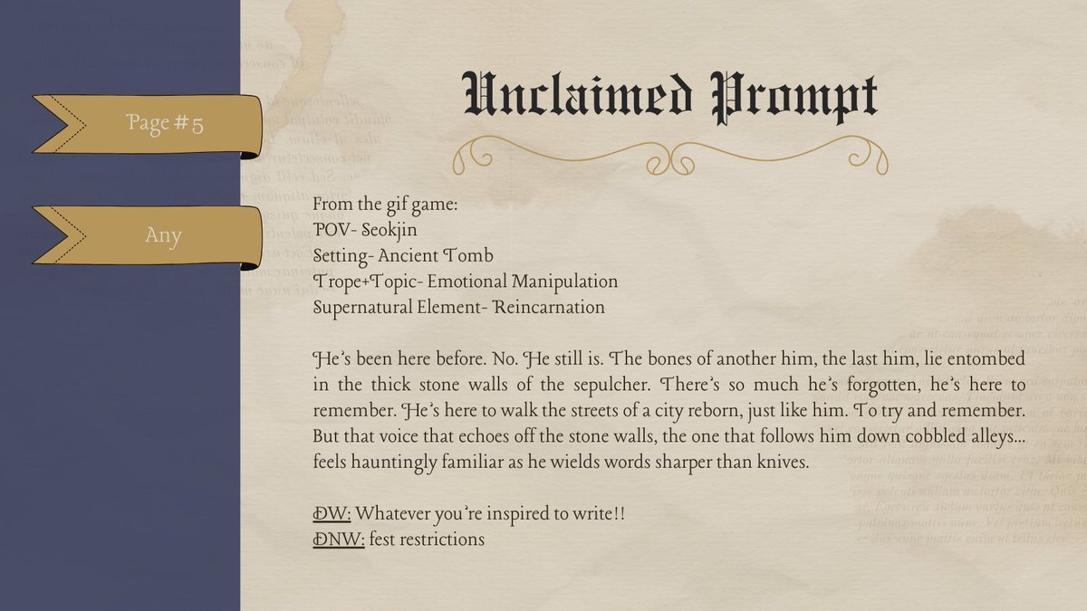 btsgothiquefest's tweet image. Aaaaaaaand we&apos;re back with another unclaimed prompt!

With all the Jin content we&apos;ve been getting, we thought this prompt might get the claiming ball rolling!

Page 🔗: archiveofourown.org/collections/bt…
Form 🔗: forms.gle/A2Ew8LUz4VvtHR…