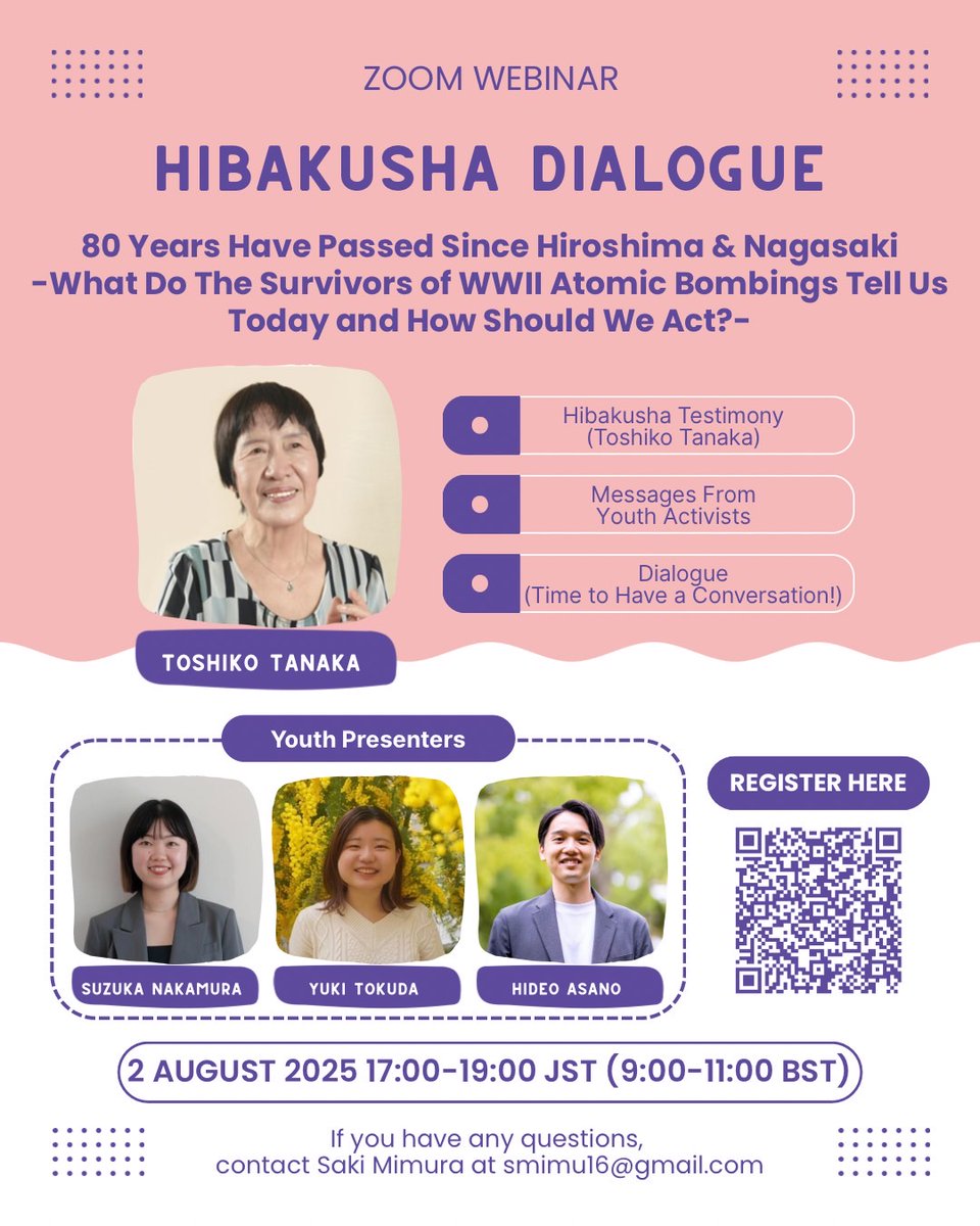 Peace Boat(NGOピースボート) (@peace_boat) on Twitter photo 🕊Webinar on Aug 2, 17:00 JST: “#Hibakusha Dialogue: 80 Years Have Passed Since #Hiroshima & #Nagasaki — What Do Survivors Tell Us Today & How Should We Act?”
Hear testimony from Toshiko Tanaka & talks by youth leaders <a href="/hideo_y2/">浅野英男 Hideo Asano</a> <a href="/hey___suzu/">中村涼香</a> <a href="/toku_youk/">徳田悠希/ Yuki Tokuda</a>
👉nuclearabolitionjpn.com/archives/10085 🕊Webinar on Aug 2, 17:00 JST: “#Hibakusha Dialogue: 80 Years Have Passed Since #Hiroshima & #Nagasaki — What Do Survivors Tell Us Today & How Should We Act?”
Hear testimony from Toshiko Tanaka & talks by youth leaders <a href="/hideo_y2/">浅野英男 Hideo Asano</a> <a href="/hey___suzu/">中村涼香</a> <a href="/toku_youk/">徳田悠希/ Yuki Tokuda</a>
👉nuclearabolitionjpn.com/archives/10085
