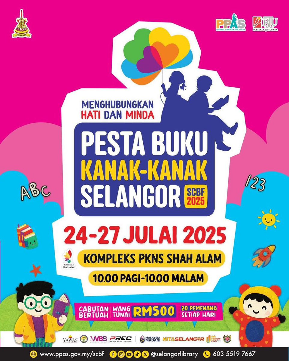 suk_selangor's tweet image. 𝐏𝐄𝐒𝐓𝐀 𝐁𝐔𝐊𝐔 𝐊𝐀𝐍𝐀𝐊-𝐊𝐀𝐍𝐀𝐊 𝐒𝐄𝐋𝐀𝐍𝐆𝐎𝐑 𝟐𝟎𝟐𝟓

Temui kami dan para pempamer di Selangor Children’s Book Fair 2025!
📍 Kompleks PKNS Shah Alam
📅 24 – 27 Julai 2025
🕙 10 pagi – 10 malam

Jumpa anda di sana‼️

#MalaysiaMadani
#𝐊𝐢𝐭𝐚𝐒𝐞𝐥𝐚𝐧𝐠𝐨𝐫