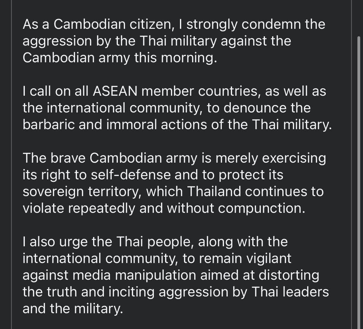 KPrey's tweet photo. #ThailandStartedTheWar
#JusticeForCambodia
#cambodianeedpeace
#The_Thai_military_launched_an_attack_on_Cambodia_first
#Cambodia_has_the_right_to_defend_itself_and_its_national #sovereignty_Thailand_has_invaded_Cambodia_using_military_force. https://t.co/BPIs3tCebM