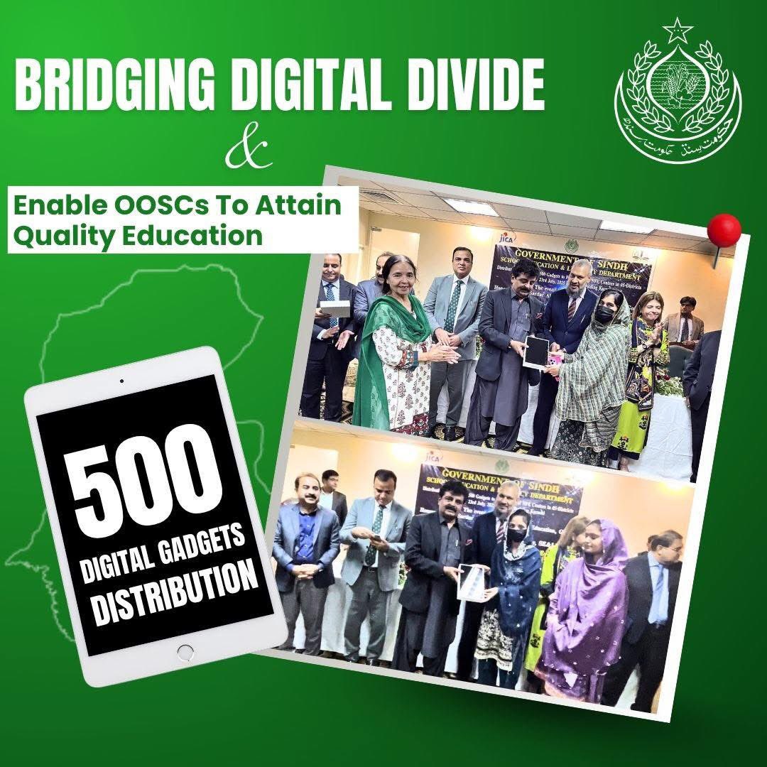 📱 Sindh empowers non-formal education with tech for out-of-school children.

“Non-formal education is the only way to help them.” – Sindh Edu Minister Sardar Shah

500 gadgets handed to 500 centers with @JICA to digitise learning, train teachers &amp; reach 100K children.