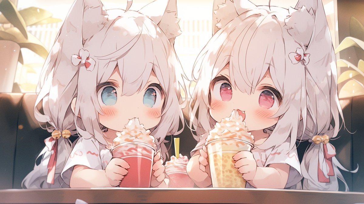 takuma0083's tweet image. ちびにゃんもちびちびぃもクリーム食べちゃいました🩵

ちびにゃん：あまくて美味しいにゃん🩵
ちびちびぃ：おいしいにゃん🩵
フラペチーノの食べ方は自由にゃん🎵＃AIart