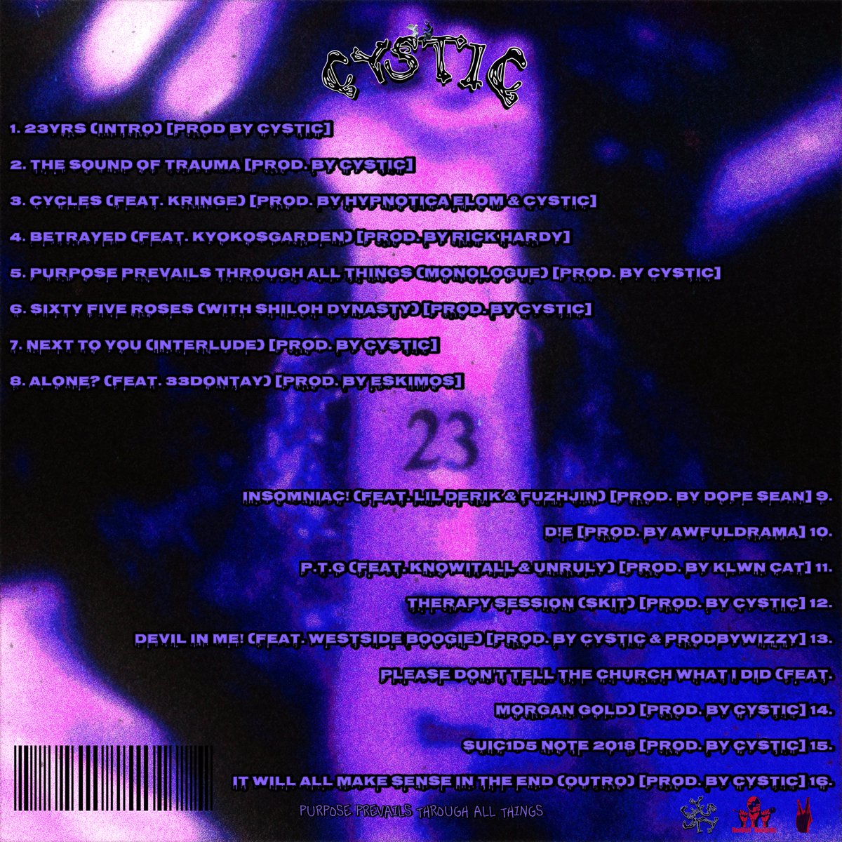 CysticOfficial's tweet image. 23. the album
available everywhere now🖤
feat. @WS_Boogie @_Kringe_ @kyokosgarden @33dontay @MTMLilDerik @fuzhjin @SeanMadeItDope @KNOWITALLNYC11 @TRENCHCOATOPERA @klwncat @MorganGoldMusic
purpose prevails through all things🖖
