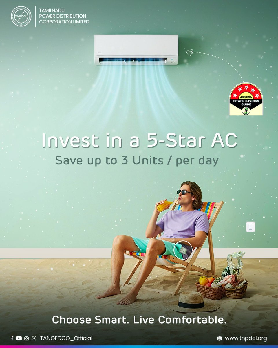 #SaveEnergy | Invest in a 5-Star #AC ❄️💚
Save up to 3 Units/Per day 💡💰⚡

Choose smart. Live comfortable 🌿

#TNEB | #TNPDCL | #TANGEDCO