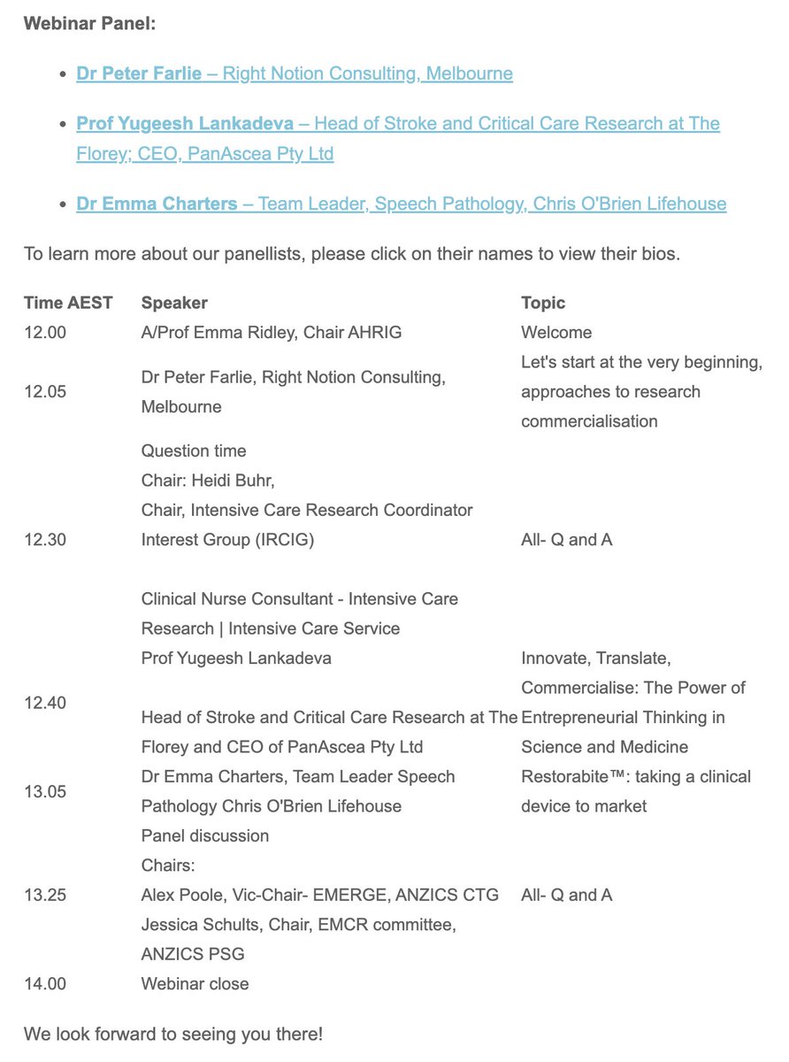 ICUnutrition's tweet image. Join us next Thursday the 31st of July for the ANZICS CTG Entrepreneurship and Commercialisation in Critical Care Research session. 

It is free and you don&apos;t have to be a member to register- details below!!

Register here: lnkd.in/gYcX8pwW