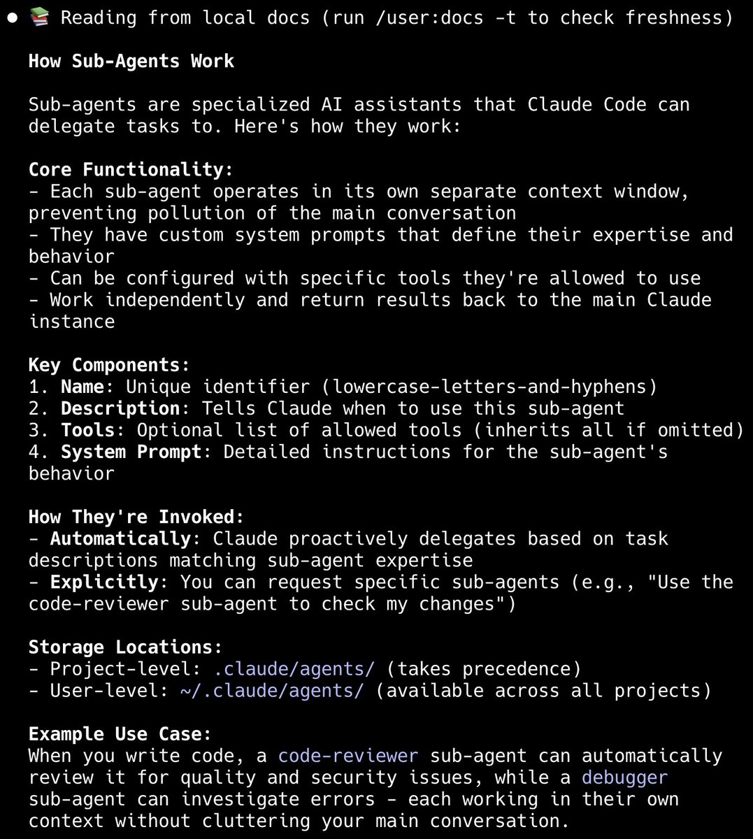 EricBuess's tweet image. Answers to my initial questions about Claude Code sub-agents! It's great having the Claude Code docs searchable locally ... github.com/ericbuess/clau…