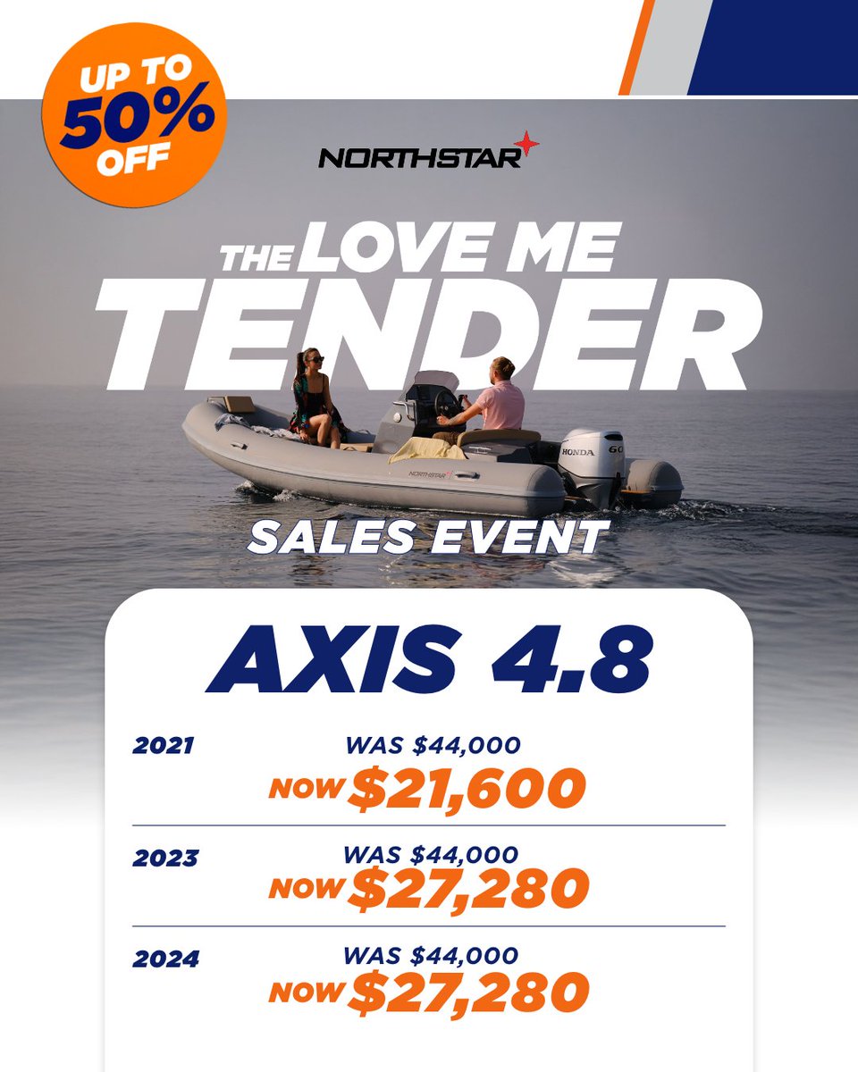 NVmarinecenter's tweet image. The NorthStar Axis 4.8 blends sleek design, smooth handling &amp;amp; serious performance, everything you want in a yacht tender. Get up to 50%OFF select models! Call today to claim yours today!!! 866 217 8751
While supplies last.
#BoatSale #YachtTender #NorthStarAxis #RIB #BoatingLife