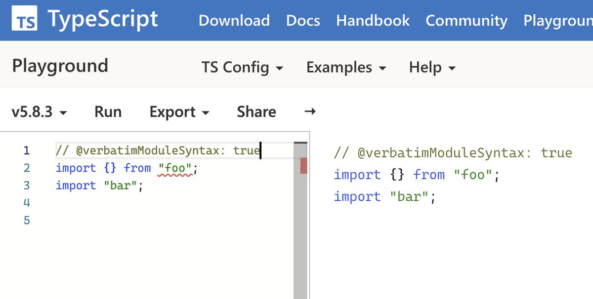 magic_akari's tweet image. TypeScript's old behavior didn't match the ECMAScript specification.
You can fix this by enabling verbatimModuleSyntax in your tsconfig.