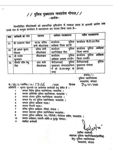 RaviTripathi25's tweet image. 📢 ताज़ा अपडेट | 
मध्यप्रदेश पुलिस पुलिस मुख्यालय, भोपाल द्वारा स्टेनो एवं रक्षित निरीक्षकों के तबादले के आदेश जारी।
🔹नई पदस्थापना की सूची जल्द सभी जिलों में प्रभावी होगी। 
#MPPolice #TransferOrder #Bhopal #MadhyaPradesh #PoliceHeadquarters
