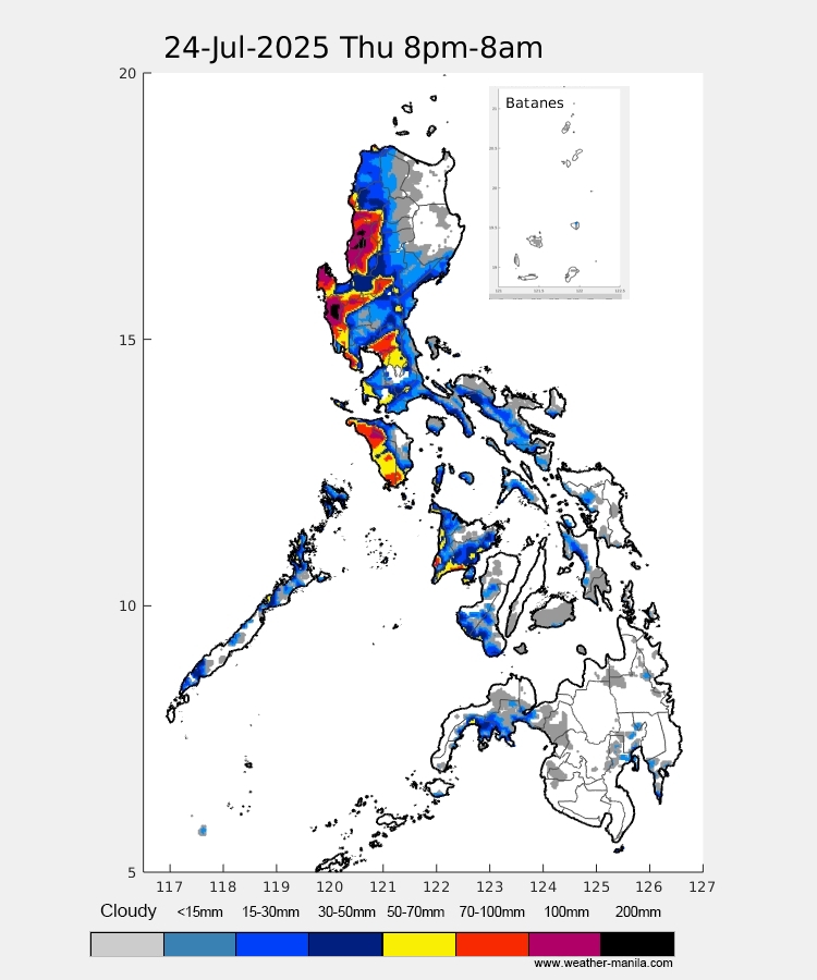 Weather_Manila's tweet image. satellite-derived rain observation vs yesterday&apos;s forecast of last night&apos;s rain, overall acceptable (I think), even the rains in SW Panaytmedyo kuha (those heavy rains are from #EmongPH)