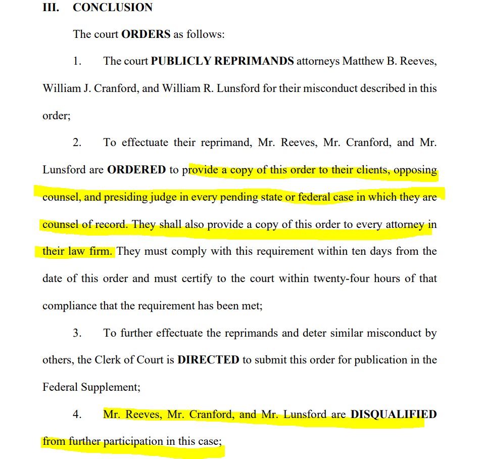Lawyers who cited fake AI cases face some real sanctions this time:

-Disqualified from the case

-Ordered to provide copy of sanctions order to all 
clients, opposing counsel, and judge in every pending case and every attorney in their firm

-Referred to state bar for