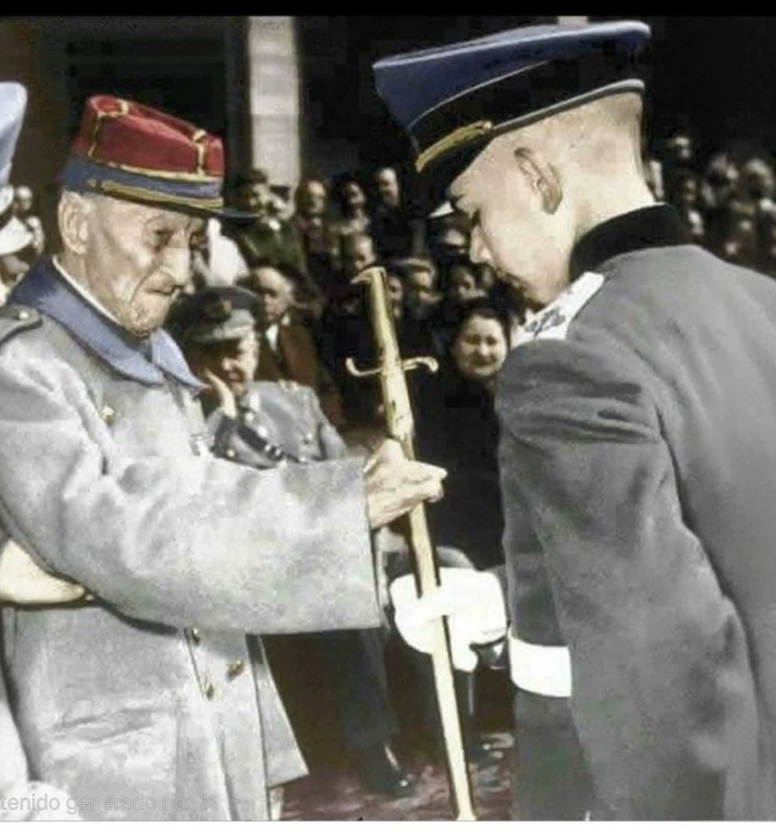 FcoDarmendrail's tweet image. El cadete Esteban Tomic, hijo de Rodomiro Tomic, recibe el espadín por parte de Don Angel Valdés, veterano chileno de la Guerra del Pacífico. Fotografía del año 1957, colorizada por Aldo Pellegri en el grupo Chile - Fotos Antiguas Colorizadas #Chile
