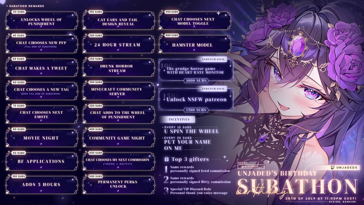 🎉IT'S FINALLY HERE! MY BIRTHDAY SUBATHON🎉

Come join me for lots of fun and exciting events I have planned! I can finally reveal all of my secrets~💜

. ݁₊ ⊹ 26th of July at 11 PM CEST🎂
𓆩♡𓆪 twitch.tv/unjadedx 𓆩♡𓆪