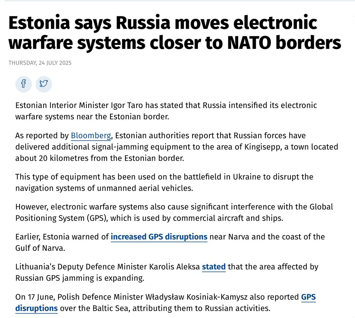 Moscow is either preparing to attack Estonia - a NATO nation - or is making new attempts to intimidate NATO. 

Russia is moving electronic warfare systems 20km from Estonia against the backdrop of Zapad-2025 military drills in Belarus.

eurointegration.com.ua/eng/news/2025/…