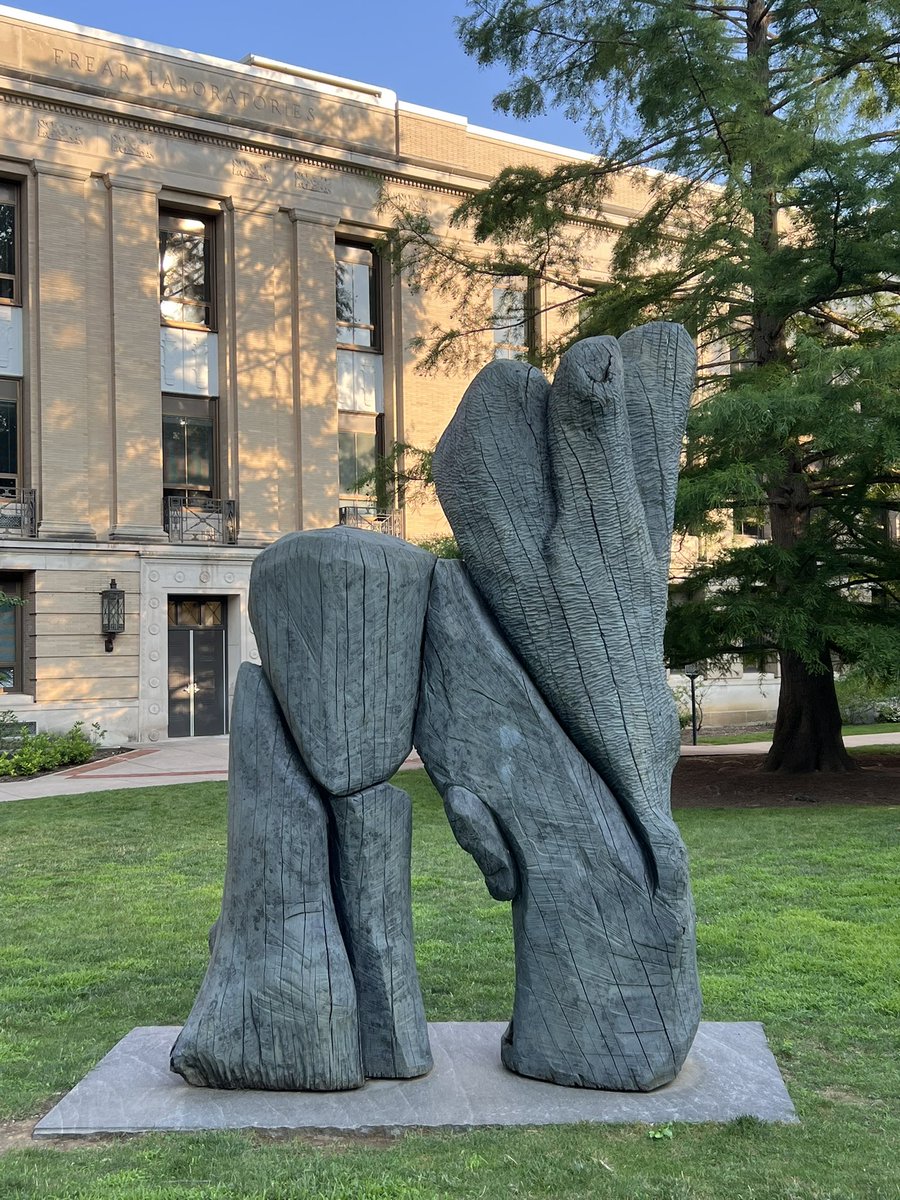 dajmeyer's tweet image. Harry Gordon sculpture “Connected” carved from oak trees, in front of Frear Hall North. @PennState Prof. William Frear was largely responsible for the Pure Food & Drug Act of 1906 … don’t think he’d be thrilled w/cuts @US_FDA.