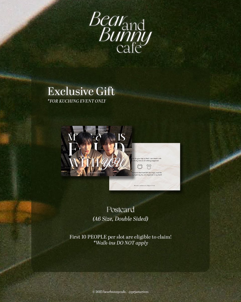 Here’s the reveal of our exclusive postcard MOAs 😍 Make sure to grab yours by coming early in your respective slots! See you soon 💫

₍ᐢ. .ᐢ₎ #BearandBunnyCafe #BearandBunnyCafeinKCH ʕ •ᴥ• ʔ