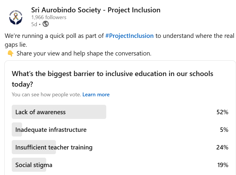 SAS_ProjectInc's tweet image. Poll Series Result! 

We asked: What holds us back from making schools inclusive?

Lack of awareness topped the list—showing the urgent need for sensitization and action.
Let’s bridge the gap together!

#InclusiveEducation #ProjectInclusion #EducationForAll