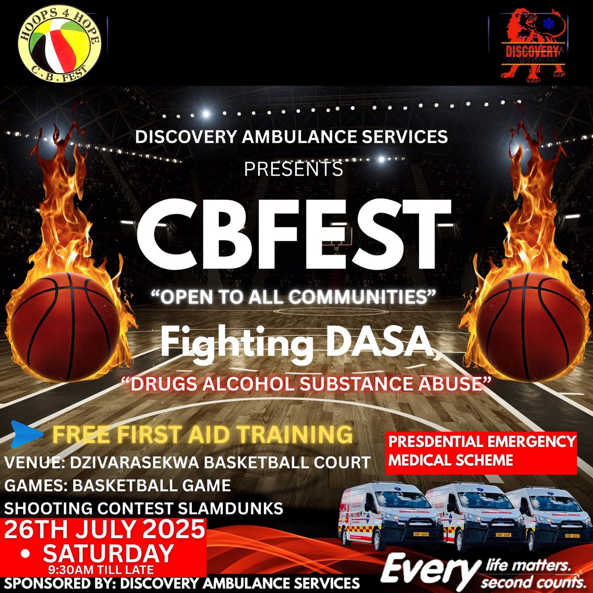 VulindlelaNdab2's tweet image. Get ready for a slam dunk against substance abuse!
On Sat, Discovery Ambulance Services is taking a unique approach to fighting drug and substance abuse through exciting basketball games and empowering First Aid Training sessions @BarakaZaire @MoHCCZim @Mug2155 @BasketballZim