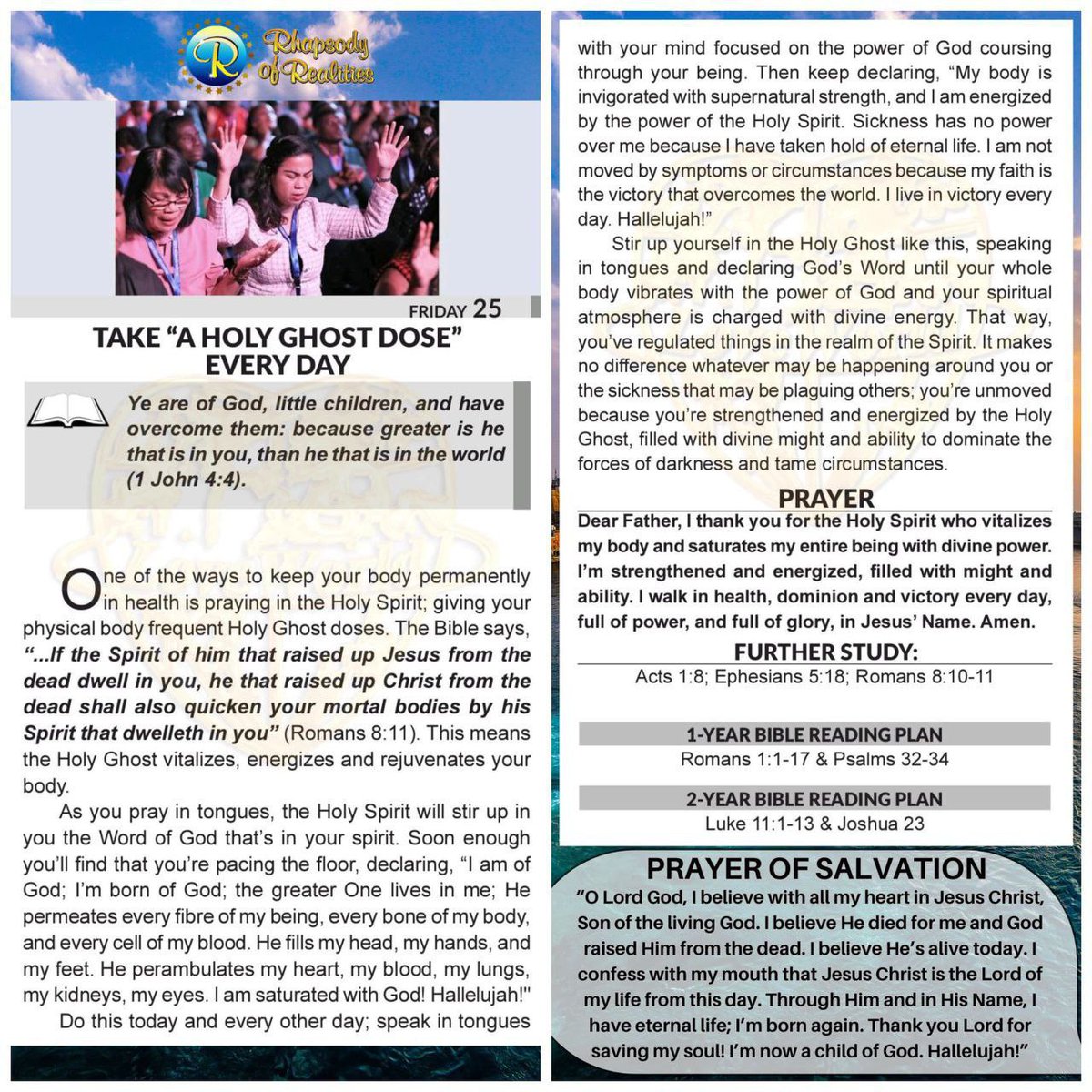 SaintSeyiB's tweet image. TAKE “A HOLY GHOST DOSE” EVERY DAY
Ye are of God, little children, and have overcome them: because greater is he that is in you, than he that is in the world.1 John 4v4
One of the ways to keep your body permanently in health is praying in the Holy Spirit; giving your physical…