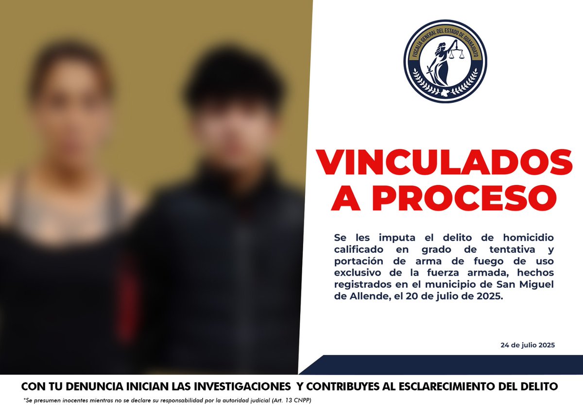 NewsSanmiguel's tweet photo. #PROCESADOS🚔🔫La Fiscalía General del Estado de Guanajuato logró la vinculación a proceso penal de MAYRA ANDREA “N” y JACOB KEVIN “N” por su presunta participación en un intento de homicidio en #SanMiguelDeAllende.
📍 El ataque ocurrió el 20 de julio de 2025 en la colonia 🧵👇 https://t.co/HvrGFVCMa8